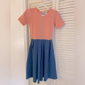 LulaRoe Two-Tone Fit & Flare Amelia Midi Dress Size XXS Light Peach & Slate Blue